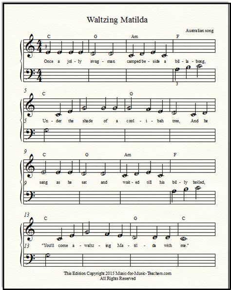 Free Popular Sheet Music Waltzing Matilda For Beginner Piano Solo Or Duets