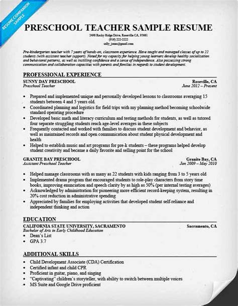 Preschool Teacher Resume Sample & Writing Tips | Resume Companion