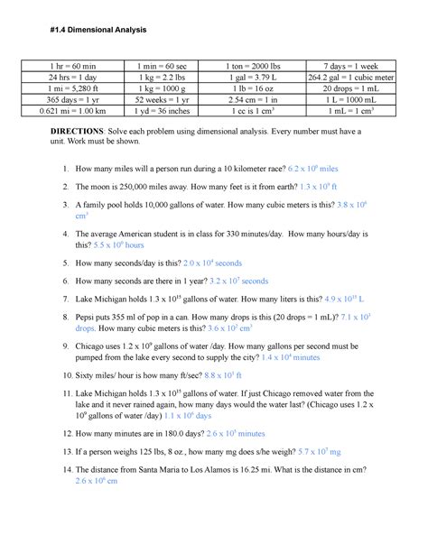 Dimensional Analysis Every Number Must Have A Unit Work Must Be Shown How Many Miles Will A