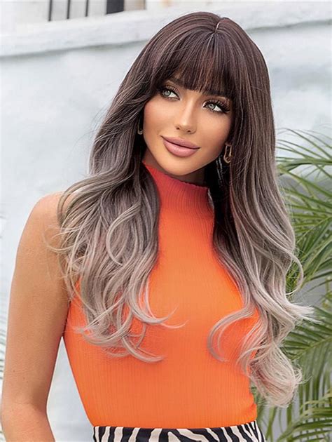 Brown Gradient Color Long Wave Full Bang Synthetic Wig Puce In 2022 Synthetic Wigs Synthetic