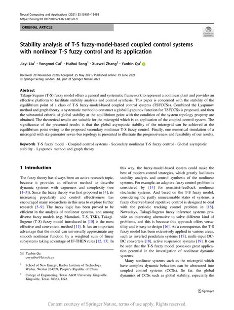 Stability Analysis Of T S Fuzzy Model Based Coupled Control Systems