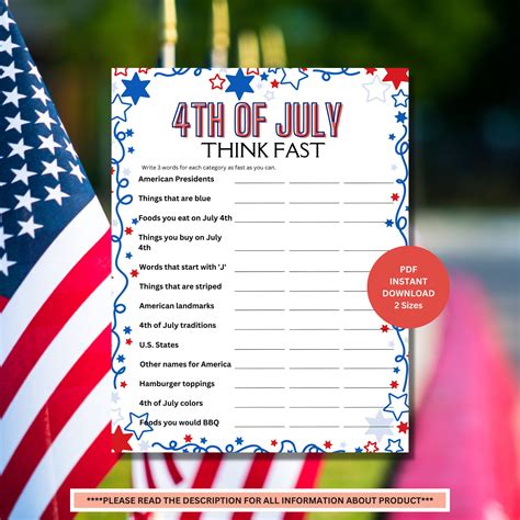 Think Fast 4th of July Game Independence Day Printable Games July 4th