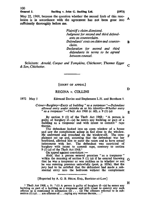 R V Collins 1973 Q Case Notes Ormrod J Snelling V John G