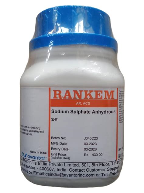 Rankem Sodium Sulphate Anhydrous AR ACS 500GM CAS 7757 82 6 Molecular