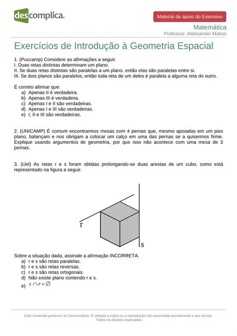 PDF Exercícios de Introdução à Geometria Espacial PDF