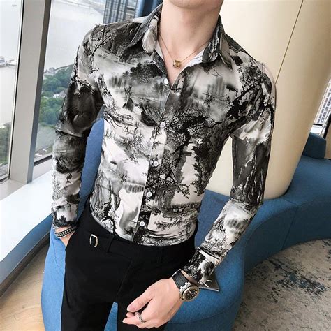 Camiseta Coreana Ajustada Para Hombre Nueva Manga Larga Estampada Para Hombre Camisas Casuales