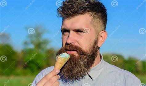 Sweet Tooth Concept Bearded Man With Ice Cream Cone Stock Image