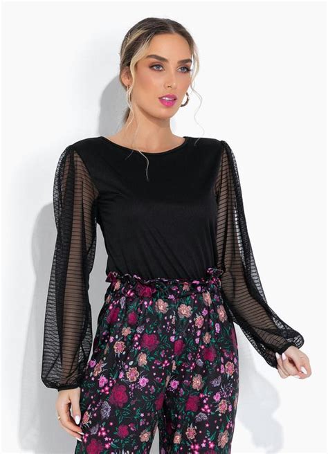 Blusa Preta Mangas De Tule Bufantes Moda Pop