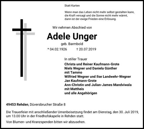 Traueranzeigen Von Adele Unger Trauer Kreiszeitung De