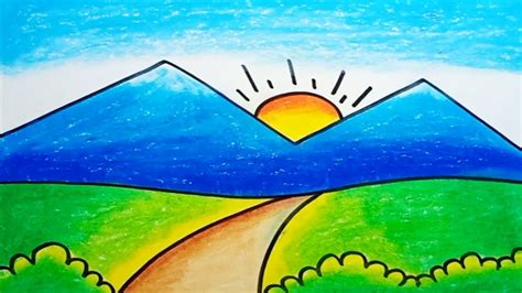 How To Draw Mountain Scenery Easy With Crayons Drawing Mountain