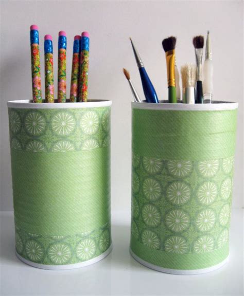 Upcycled Repurposed Tin Can Desk Accessories Set Pencil Brush Etsy