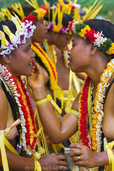 Yapese Girls In Traditional Clothing Helping To Put On Makeup At Yap