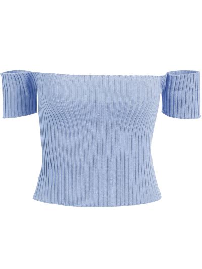 [22 Off] 2019 Off The Shoulder Rib Knit Crop Top In Light Blue One