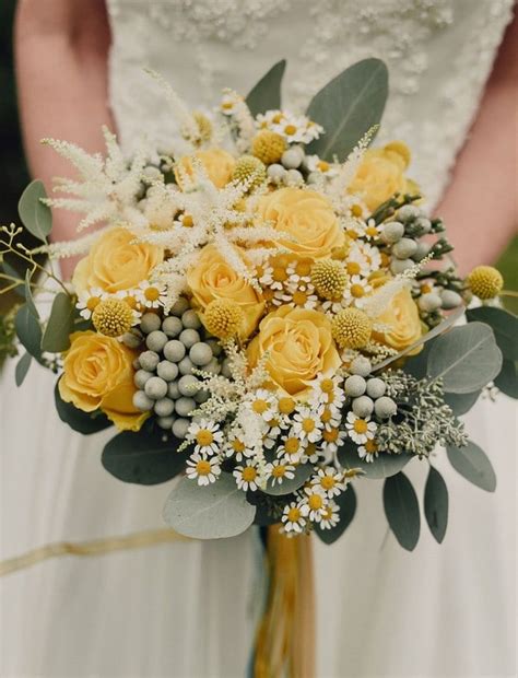 Seeded Eucalyptus And Yellow Roses Wedding Bouquet Colors For Wedding