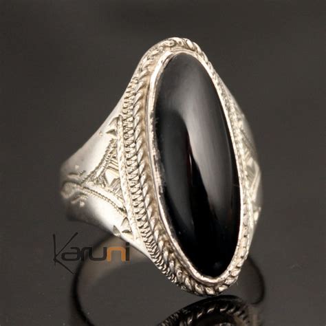 Bijoux Touareg Ethniques Bague En Argent Navette Grav E Pierre Onyx Noir