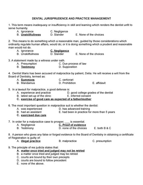 Samplepractice Exam 2017 Questions And Answers Dental Jurisprudence