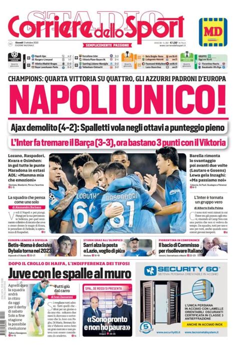 Prima Pagina Corriere Dello Sport “napoli Unico ”