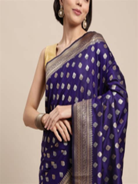 Buy Mitera Blue Gold Toned Ethnic Motifs Zari Silk Blend Banarasi