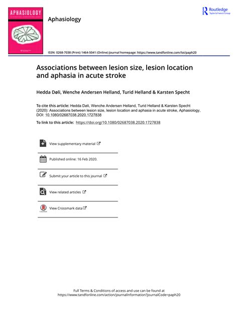 Pdf Associations Between Lesion Size Lesion Location And Aphasia In