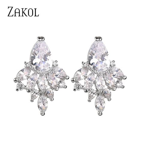 Zakol Luxury Blue Green Water Drop Cubic Zirconia Stud Earrings Elegant