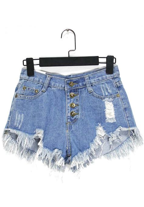 Ripped Tassel Denim Blue Shortsfor Women Romwe