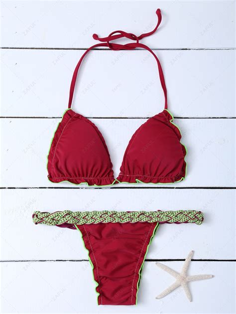 Off Scalloped Braid Waist Bikini Set In Wine Red Zaful