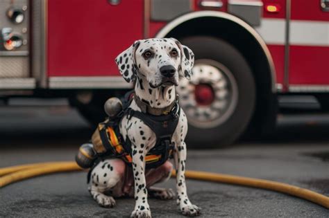 Firefighter Dalmatian A Dalmatian in firefighter gear holding a hose in front of a fire truck ...