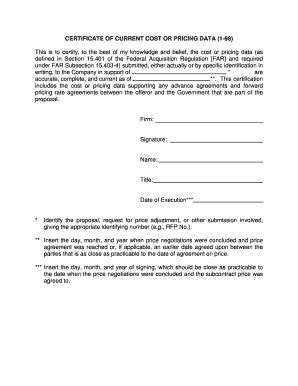 Fillable Online BCERTIFICATEb OF CURRENT COST OR PRICING DATA 1 98 Fax