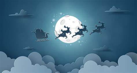 Santa Claus And Reindeer Flying On The Sky With Full Moon Night Sky