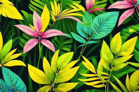 Un Fondo Colorido Con Plantas Y Flores Tropicales Foto Premium