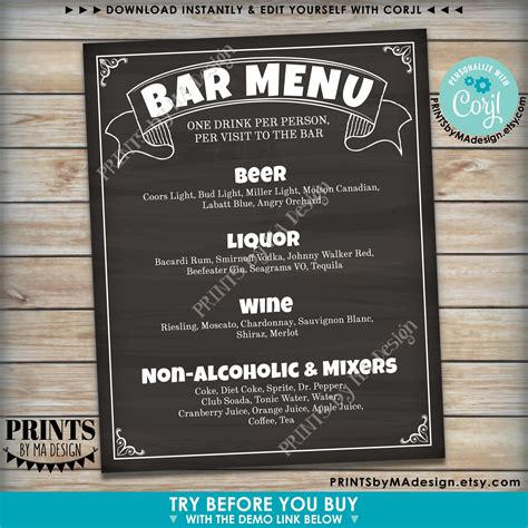 Bar Menu Sign Custom Printable 8x1016x20” Chalkboard Style Drinks