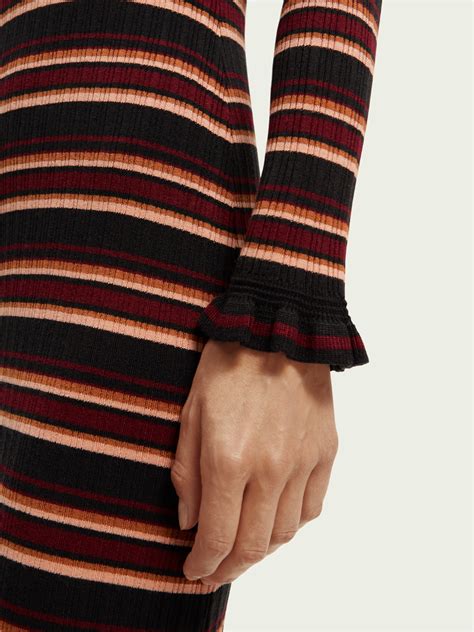 Scotch And Soda Fitted Striped Rib Knit Midi Dress In Black Sky Endource