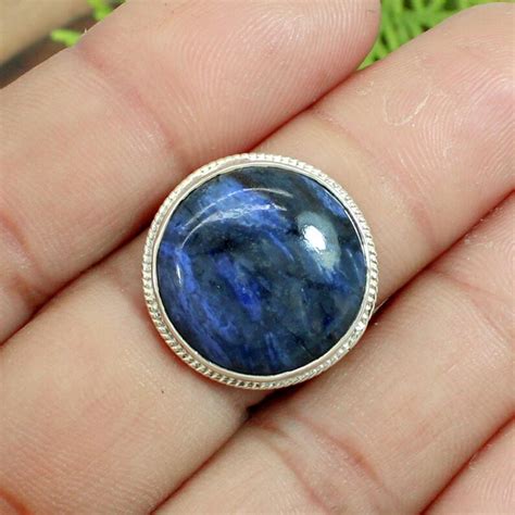 Natural Dumortierite Ring Round Silver Ring Blue Stone Ring Etsy