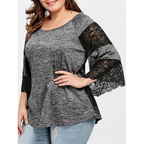 Plus Size Flare Sleeve Lace Panel T Shirt Gray Big And Sexy Sportswear