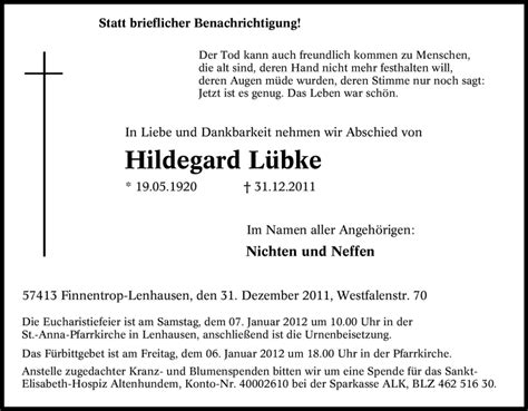 Traueranzeigen von Hildegard Lübke Trauer in NRW de