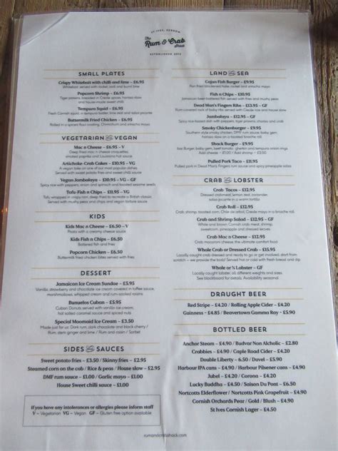 Menu At The Rum And Crab Shack Pub And Bar Saint Ives