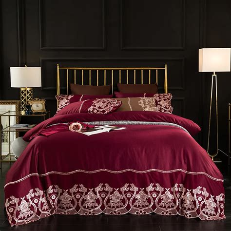 Wine Red Luxury Lace Embroidery 60s Egyptian Cotton Bedding Set Duvet