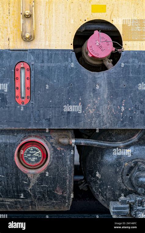 Detail of the diesel fuel tank with gauges on CBRW Locomotive 2274 at ...