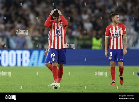 Atletico Madrid s Spanish forward Álvaro Morata looks dejected during