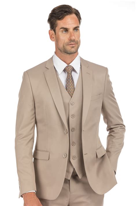 Porto Filo 3 Piece Two Button Camel Beige Mens Slim Fit Suit Jacket