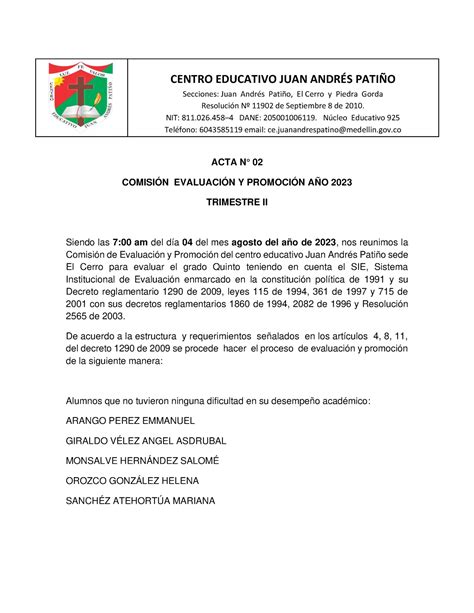 ACTA Evaluacion Y Promocion Segundo Periodo 5 ACTA N 02 COMISIÓN