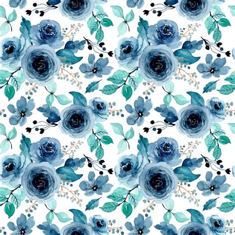 Green Indigo Floral Watercolor Seamless Pattern Premium Vector