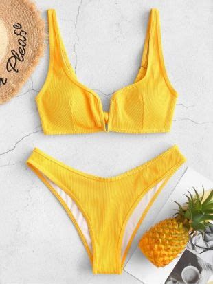 Zaful ZAFUL Piping V Wired Ribbed Bikini Swimsuit BLACK BRIGHT YELLOW