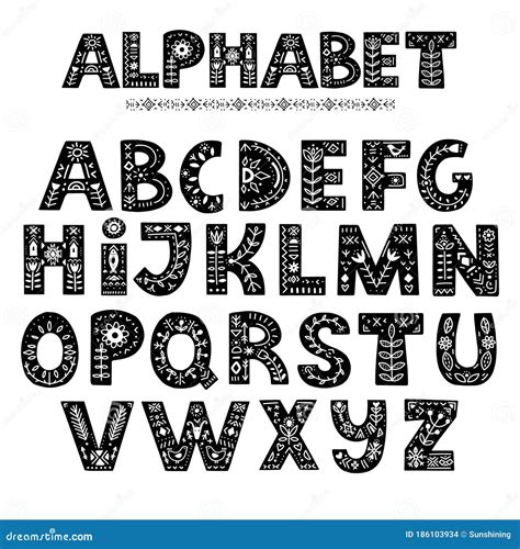 Alphabet Hand Drawn Letters In Folk Style Stock Vector Illustration