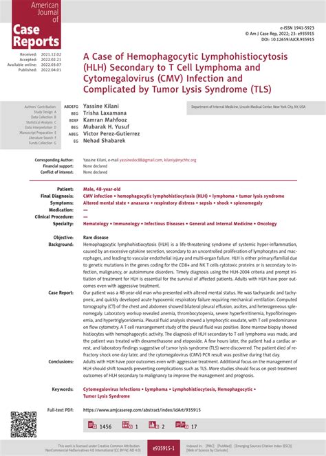 PDF A Case Of Hemophagocytic Lymphohistiocytosis HLH Secondary To T