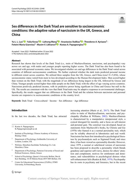 Pdf Sex Differences In The Dark Triad Are Sensitive To Socioeconomic