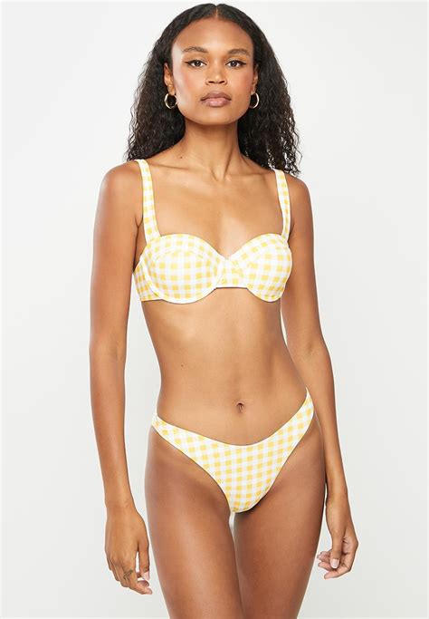 Gingham Boomerang Bikini Bottom Yellow Missguided Bikinis