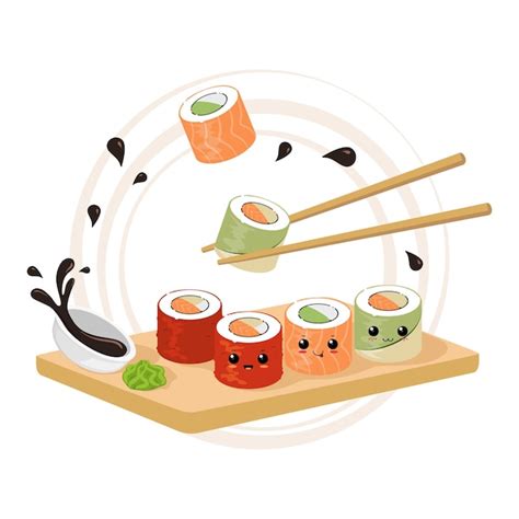 Premium Vector Kawaii Sushi Rolls Character Set With Chopsticks Soy