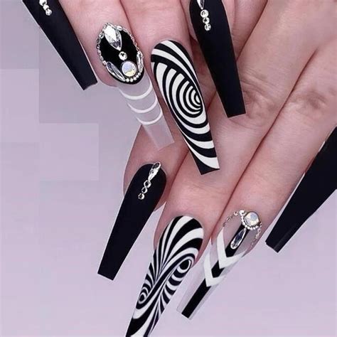 Black And White Striped Acrylic Nails