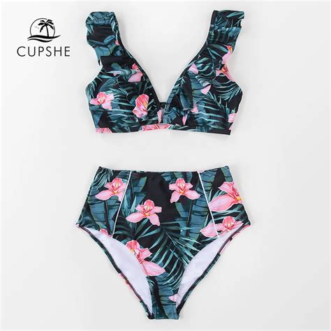 Cupshe Green Floral Ruffled High Waist Bikini Sets Swimsuit Women Sexy